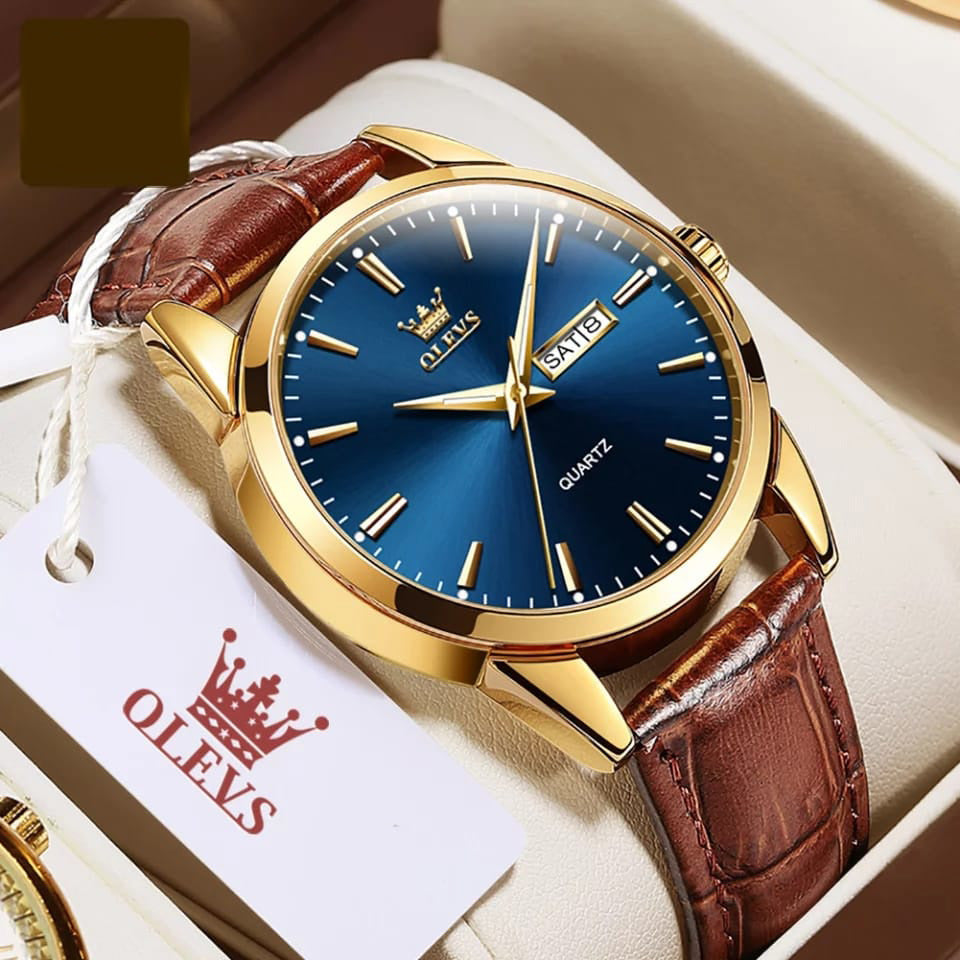 OLEVS - Brown Leather Strap with Blue Dial, Watch for Men