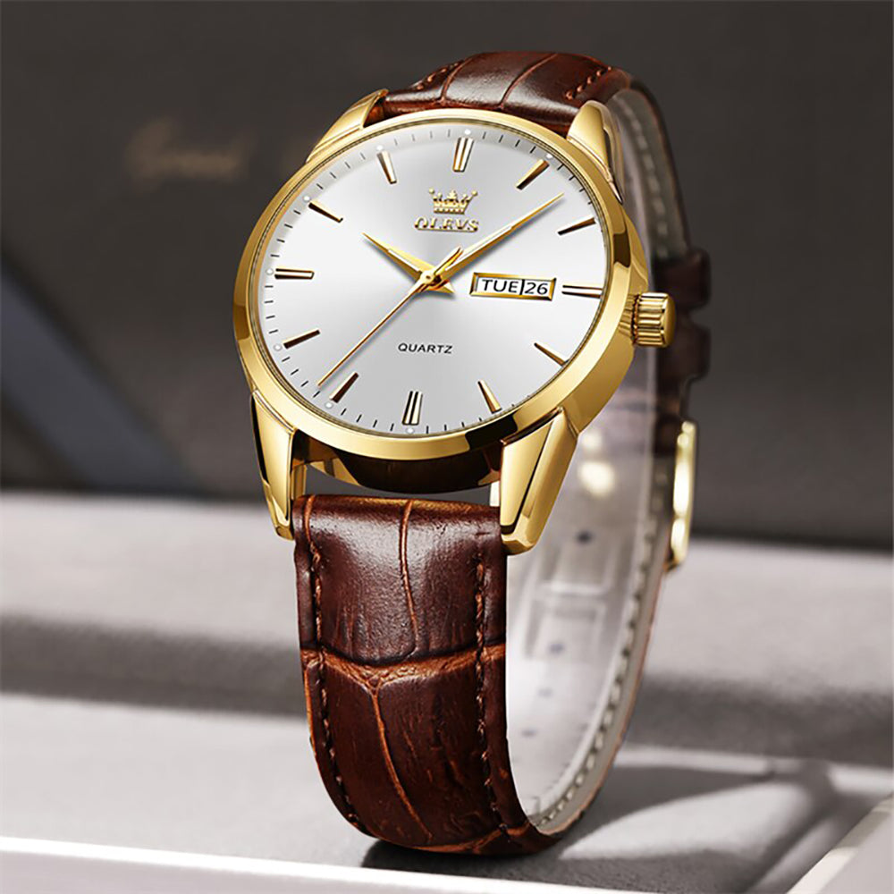 OLEVS - Sports Men's Luxury Watch with Leather Strap and White Dial
