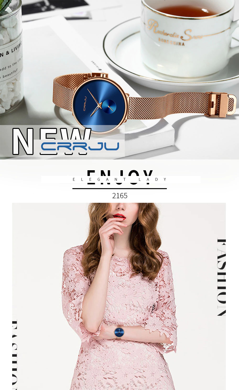 Crrju Rose Gold and Blue Ladies Watches