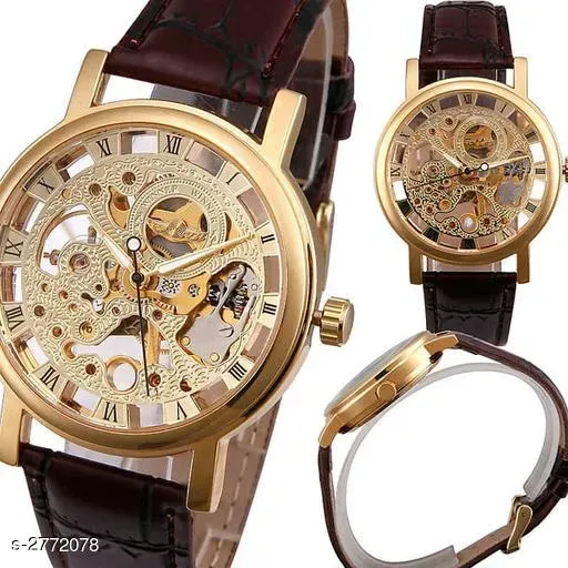 Winner Transparent Golden Skeleton - Hand Wound - Men's Leather Band Watch