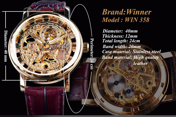 Winner Transparent Golden Skeleton - Hand Wound - Men's Leather Band Watch