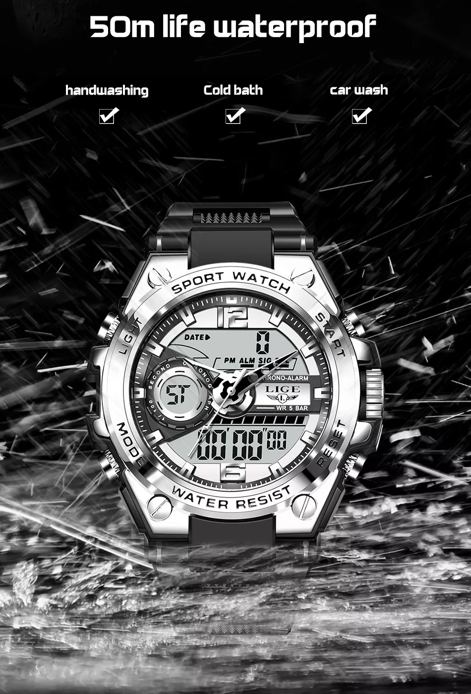 LIGE Men Digital Watch LED Alarm Clock Sport Watch for Men