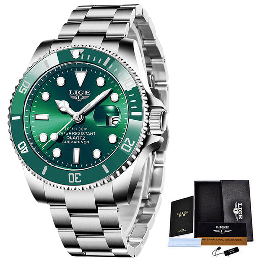 LIGE Luxury Mens Watch with Green Dial