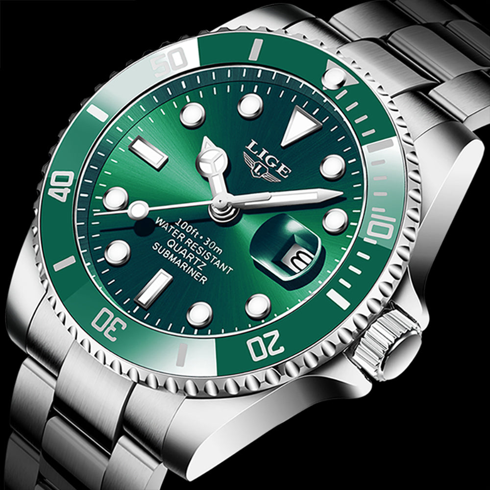 LIGE Luxury Mens Watch with Green Dial