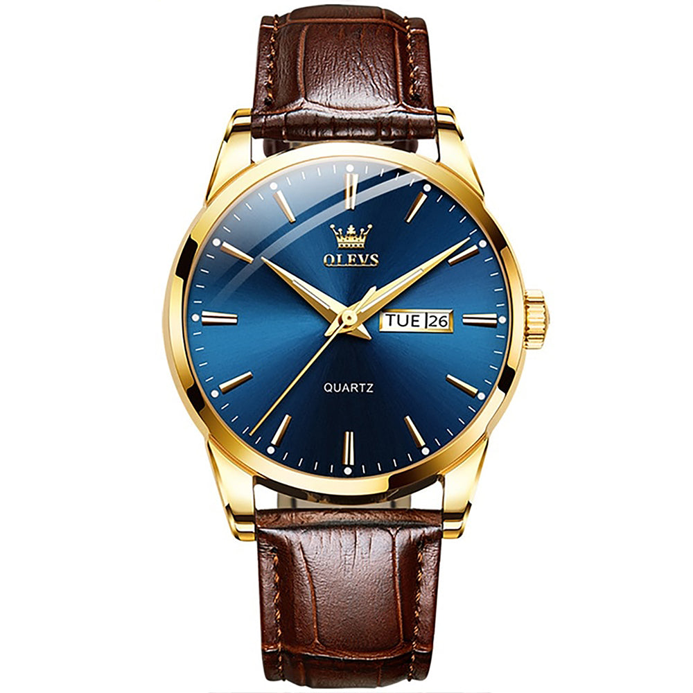 OLEVS - Brown Leather Strap with Blue Dial, Watch for Men