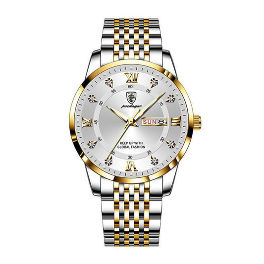 Poedagar - Silver and Gold Stainless Steel Men's Watch with White Dial