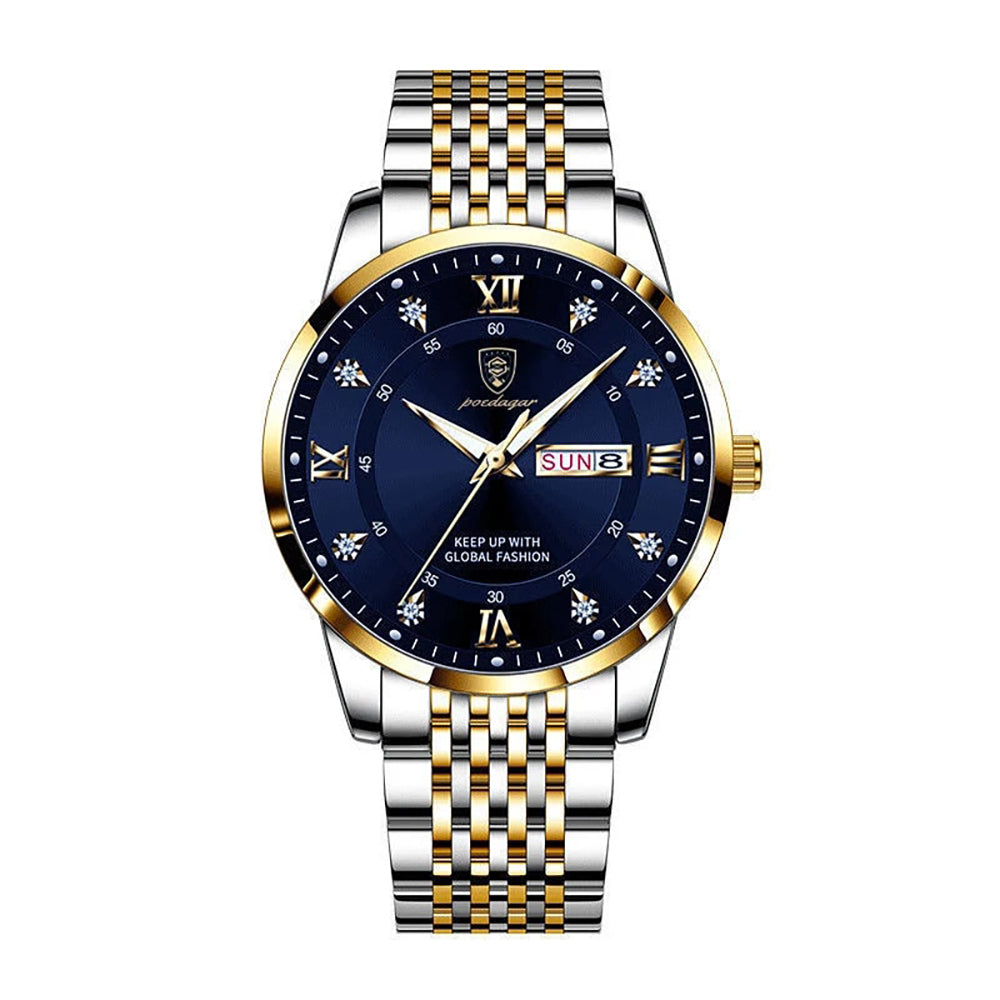 Poedagar - Silver and Gold Stainless Steel Men's Watch with Blue Dial