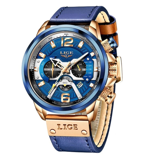 LIGE Casual Military Leather Wrist Watch For Men