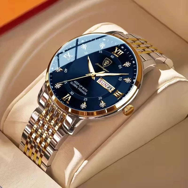 Poedagar - Silver and Gold Stainless Steel Men's Watch with Blue Dial