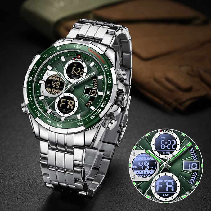 Naviforce Silver & Green Dual Time Edition Watch for Men