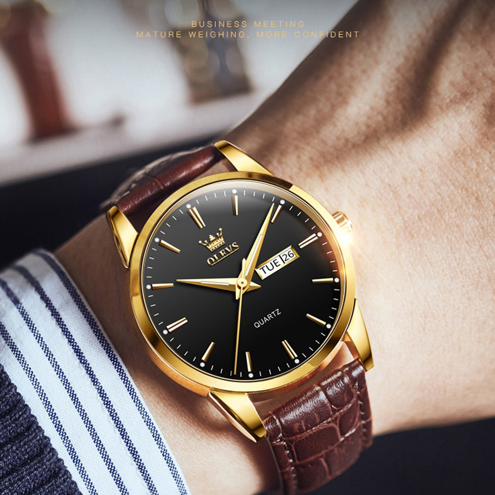 OLEVS - Luxury Men's Watches with Brown Leather Strap and Black Dial