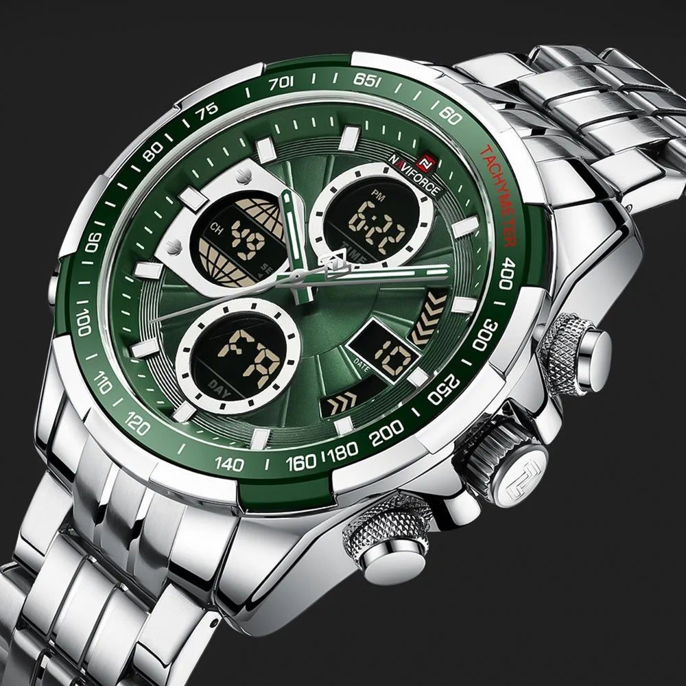 Naviforce Silver & Green Dual Time Edition Watch for Men