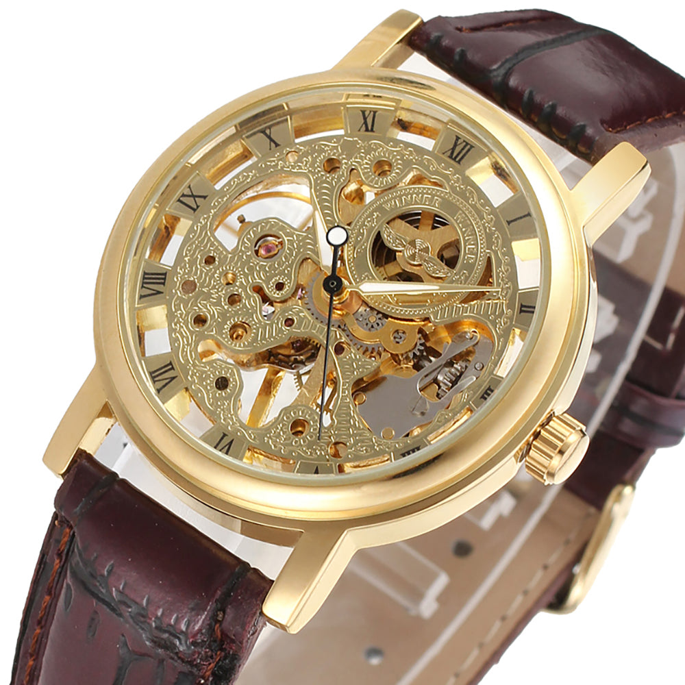 Winner Transparent Golden Skeleton - Hand Wound - Men's Leather Band Watch