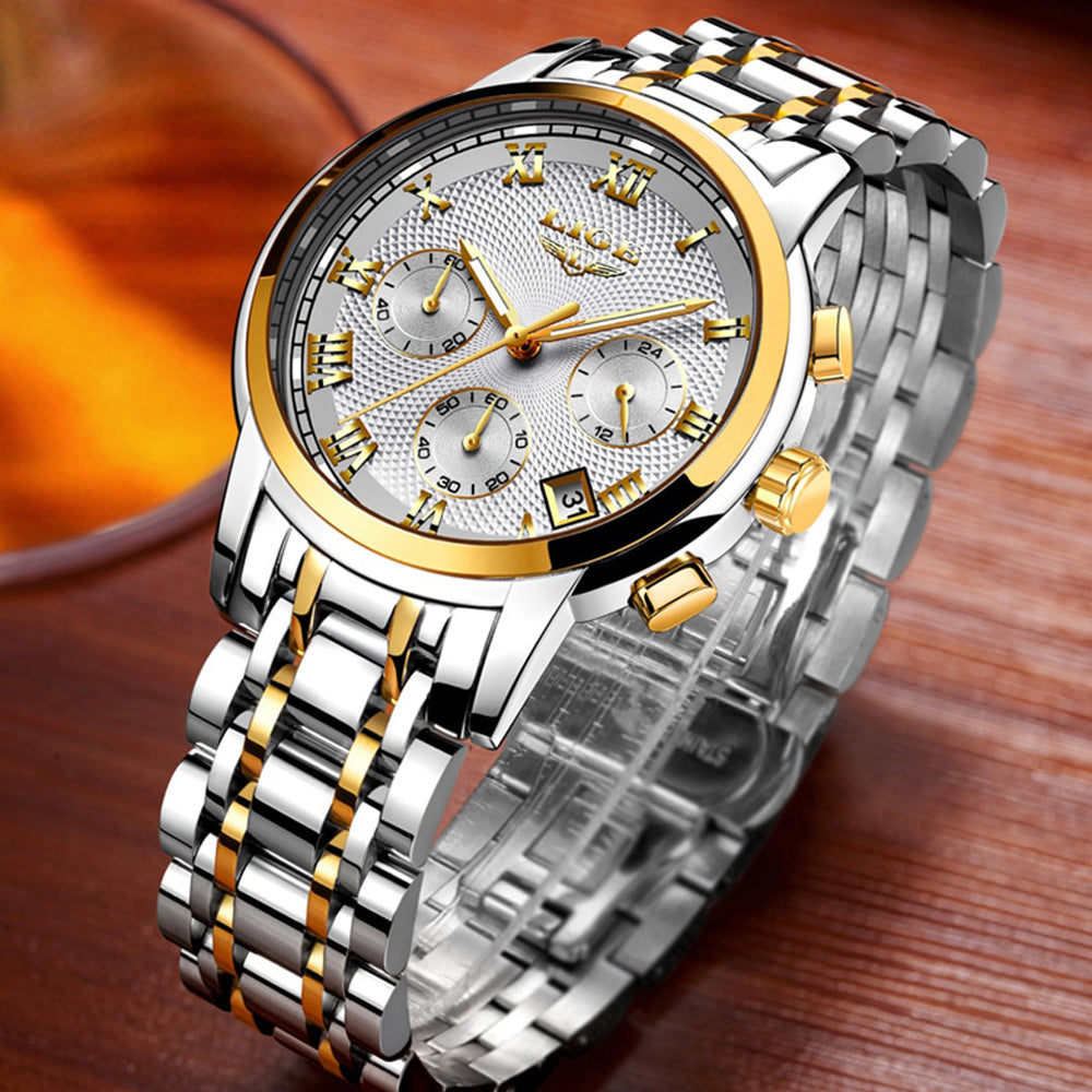 LIGE Full Steel Chronograph, Silver & Gold Watch For Men – Watch Empire SA
