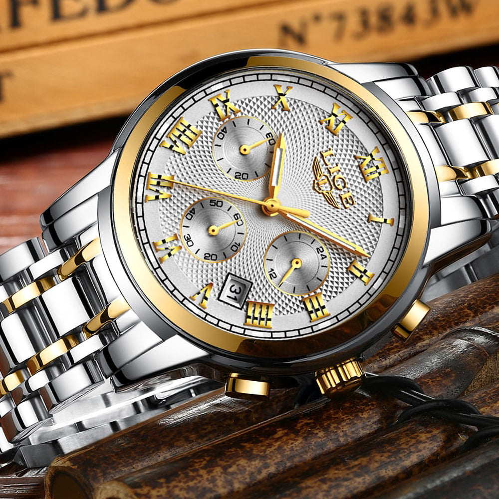 LIGE Full Steel Chronograph, Silver & Gold Watch For Men – Watch Empire SA