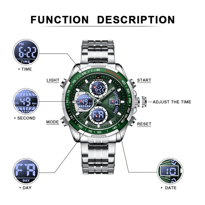 Naviforce Silver & Green Dual Time Edition Watch for Men