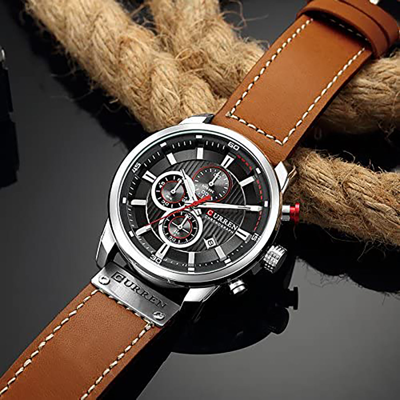 Curren Brown Leather Strap Men's Watch with Black Dial