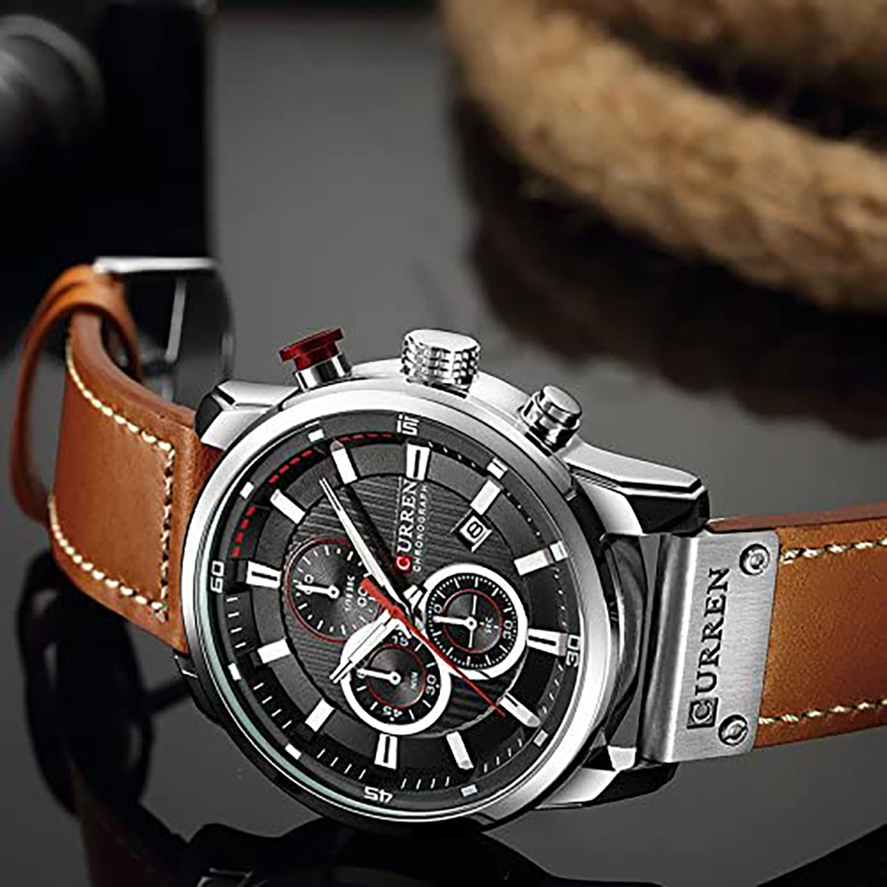 Curren Brown Leather Strap Men's Watch with Black Dial