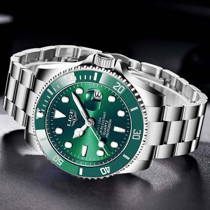 LIGE Luxury Mens Watch with Green Dial