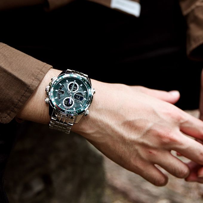 Naviforce Silver & Green Dual Time Edition Watch for Men
