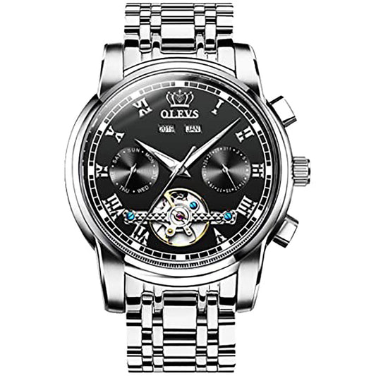 Olevs Automatic Stainless Steel Tourbillon Watch - Silver/Black