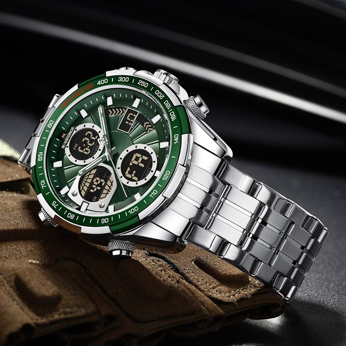 Naviforce Silver & Green Dual Time Edition Watch for Men