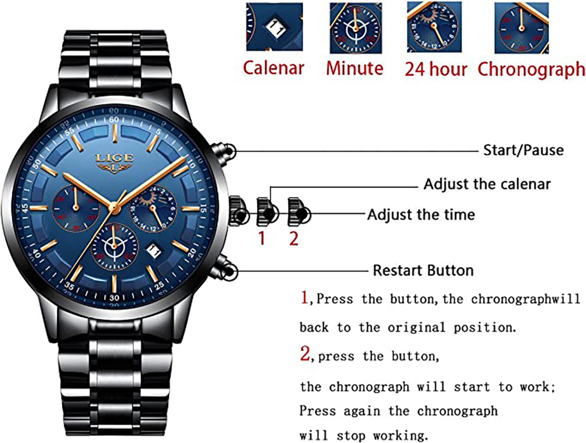 Lige Luxury Stainless Steel Watch for Men - Black with Blue Dial