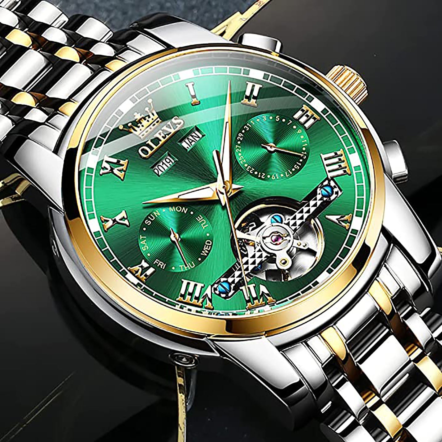 OLEVS Automatic Stainless Steel Tourbillon Watch - Silver Gold Green
