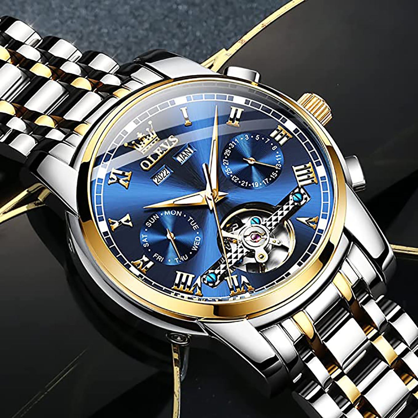 OLEVS Formal Automatic Stainless Steel Mens Watch Silver Gold Blue