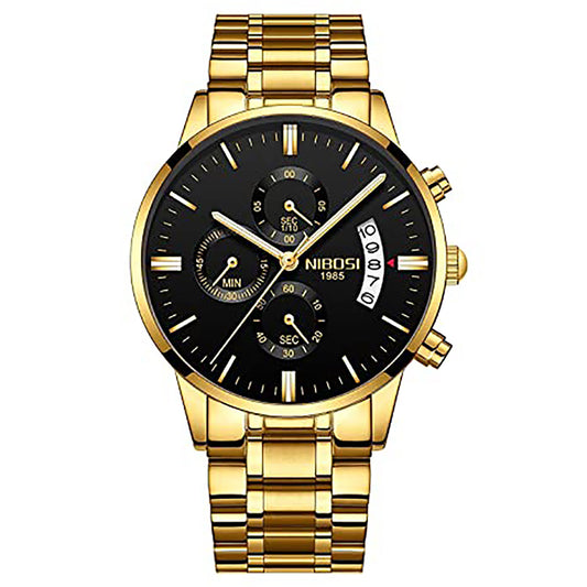 Nibosi - Golden Stainless Steel Analog Quartz Men's Watch with Black Dial