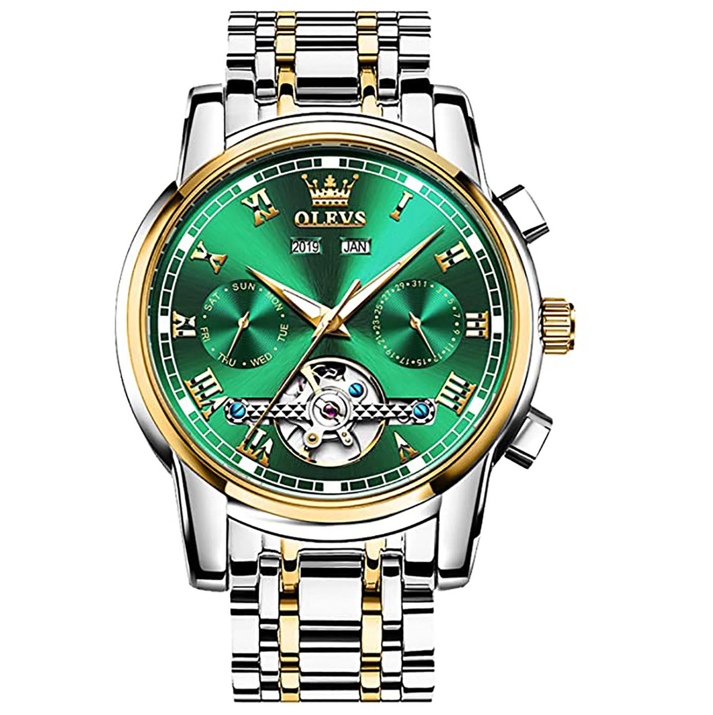 OLEVS Automatic Stainless Steel Tourbillon Watch - Silver Gold Green