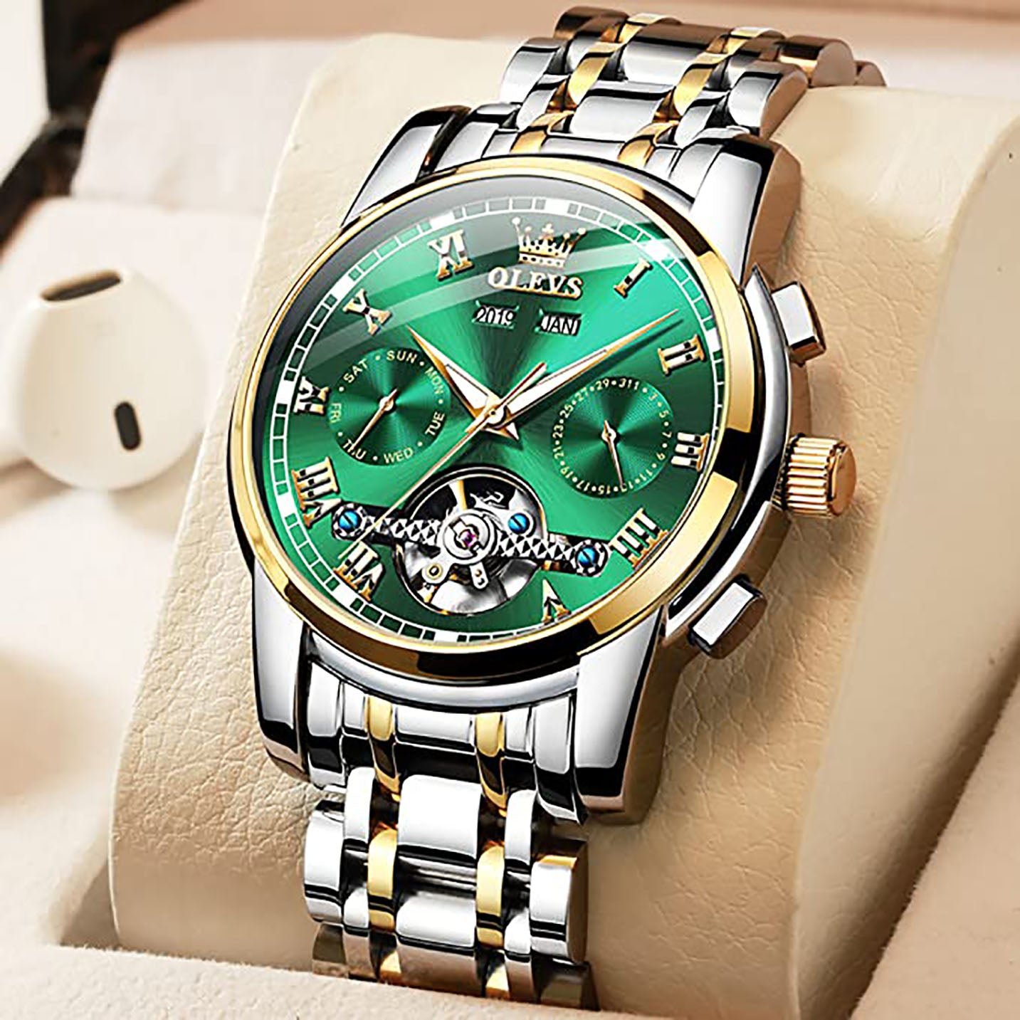 OLEVS Automatic Stainless Steel Tourbillon Watch - Silver Gold Green