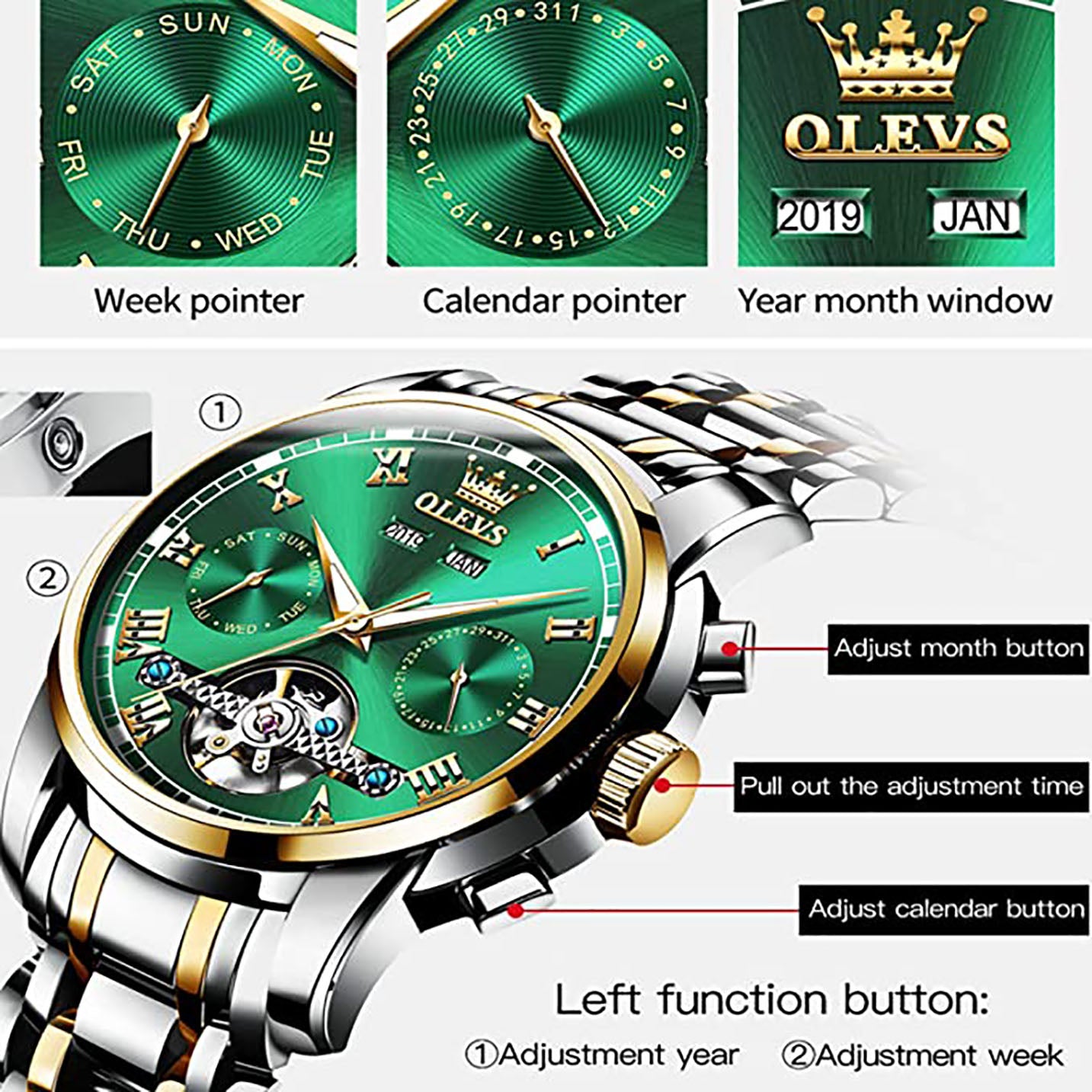 OLEVS Automatic Stainless Steel Tourbillon Watch - Silver Gold Green