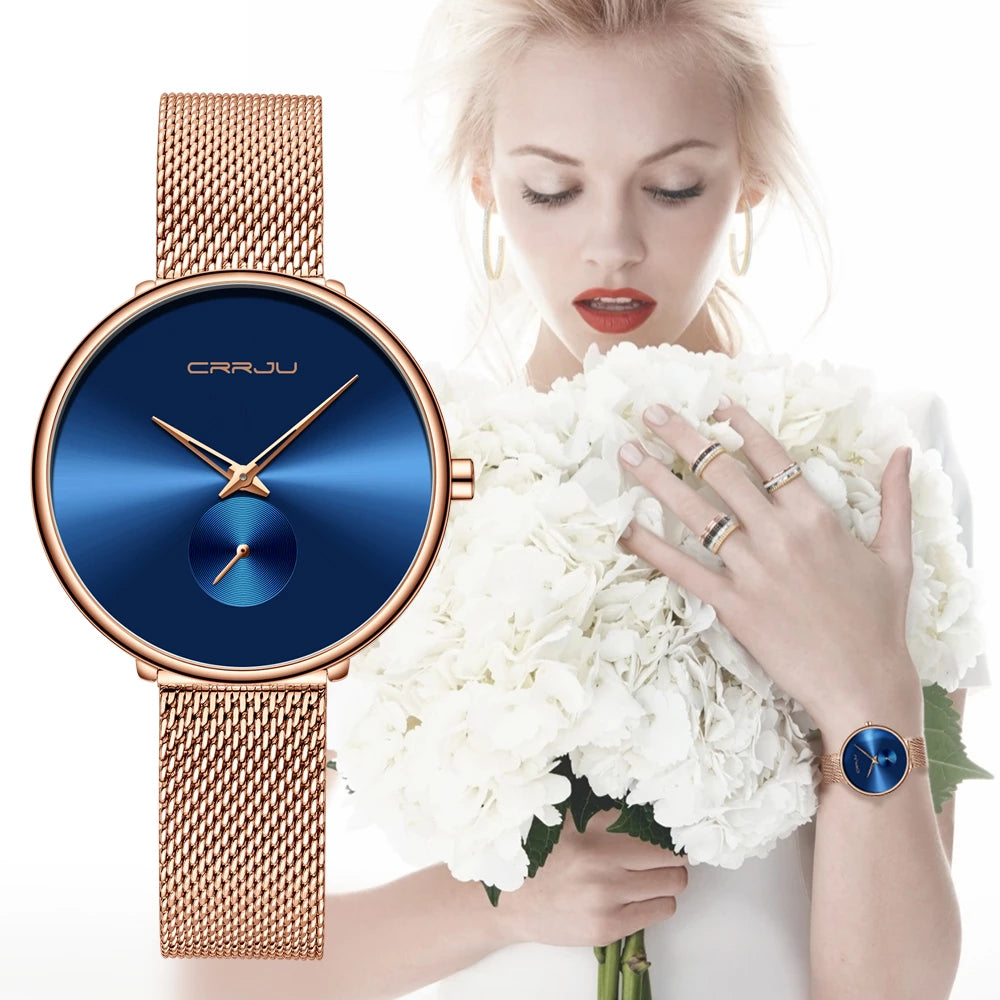 Crrju Rose Gold and Blue Ladies Watches