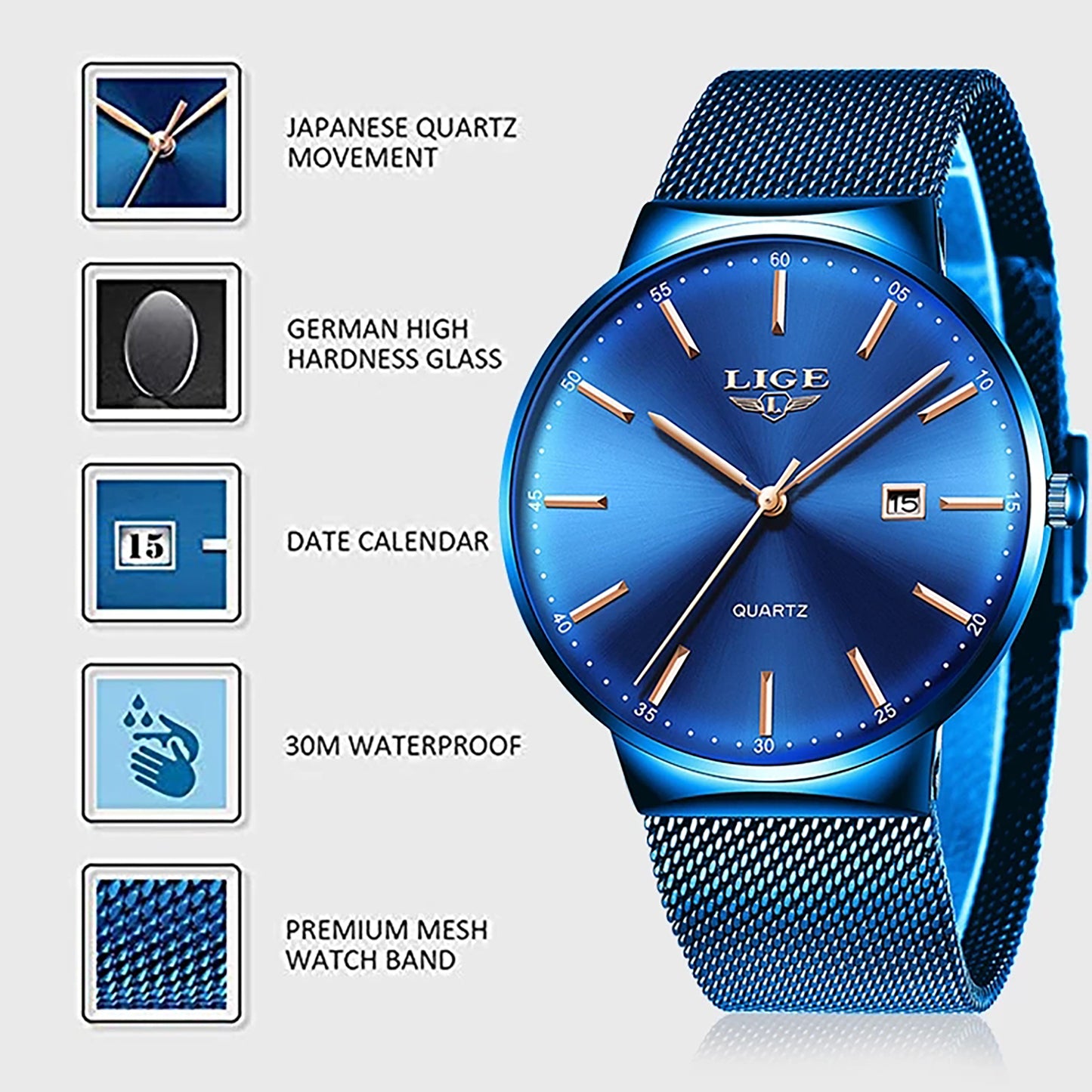 LIGE Men Quartz Watch Fashion Top Luxury Brand business Watches
