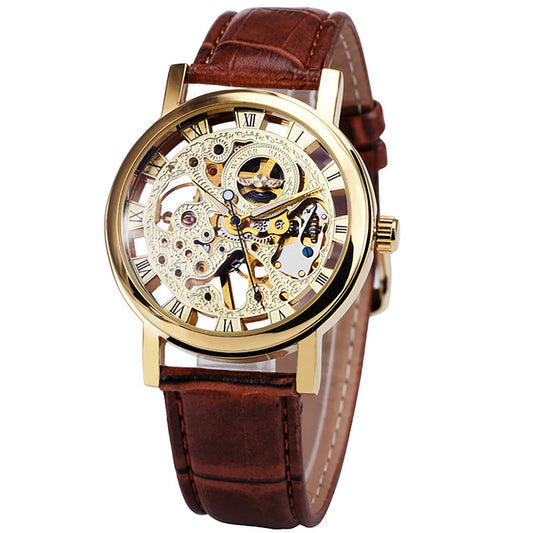 Winner Transparent Golden Skeleton - Hand Wound - Men's Leather Band Watch