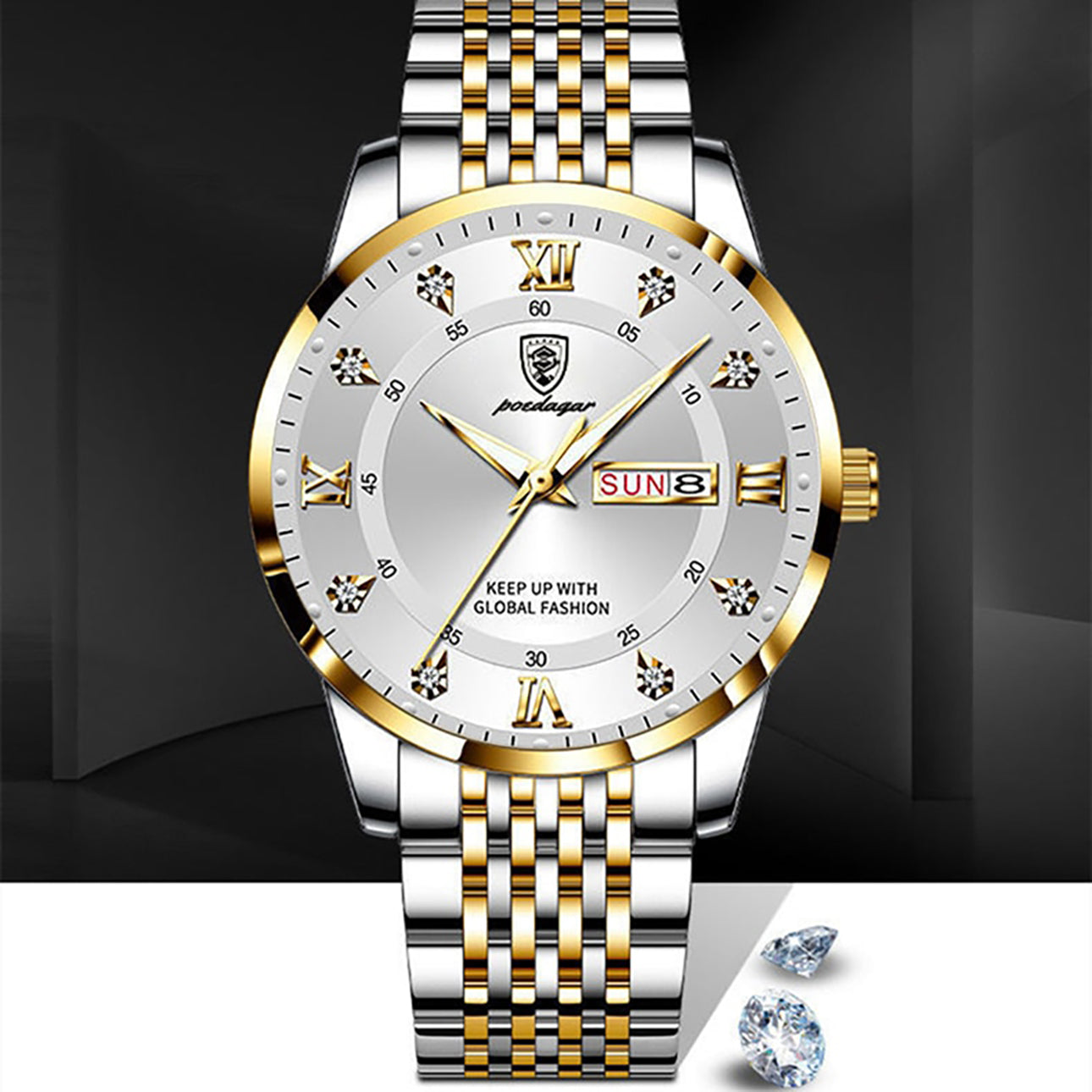 Poedagar - Silver and Gold Stainless Steel Men's Watch with White Dial