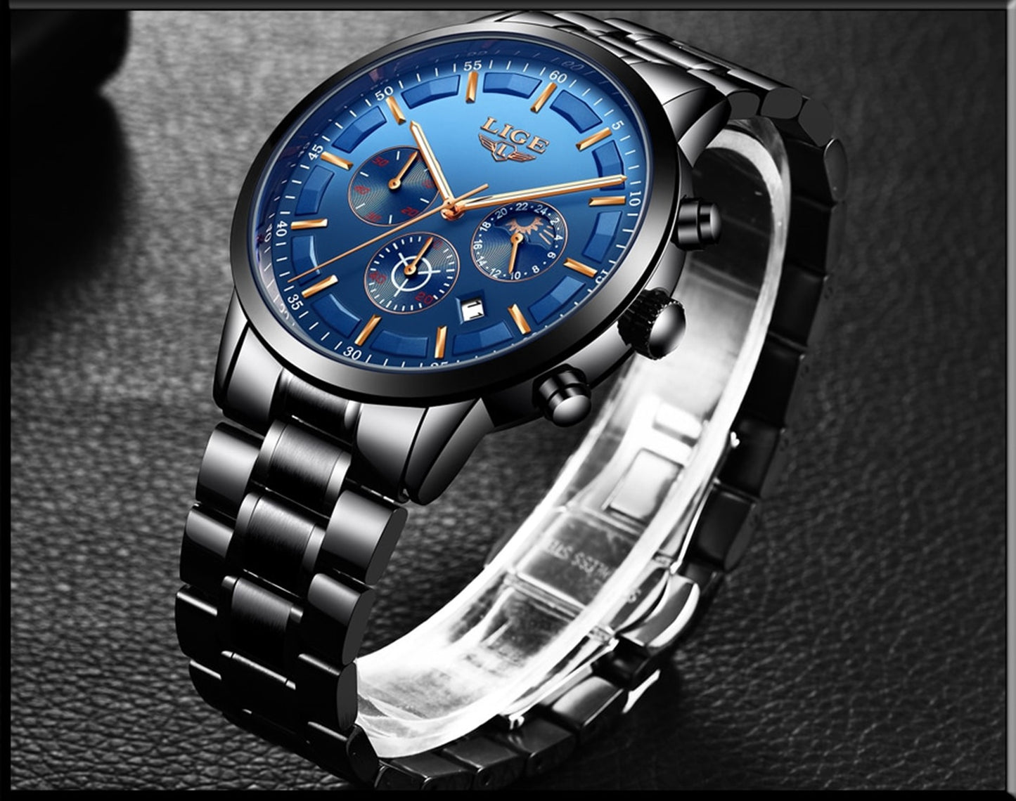Lige Luxury Stainless Steel Watch for Men - Black with Blue Dial