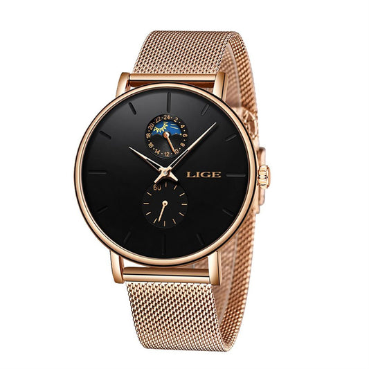 LIGE Women's Rose Gold Watch With Black Dial