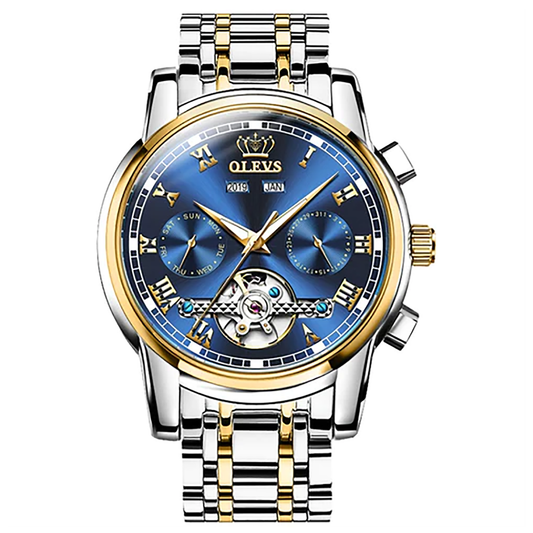 OLEVS Formal Automatic Stainless Steel Mens Watch Silver Gold Blue