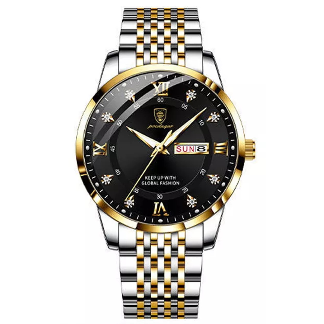 Poedagar Formal Silver and Gold Stainless Steel Men's Watch with Black Dial