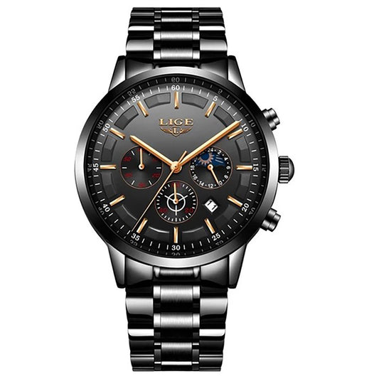 Lige Luxury Stainless Steel Watch for Men - Full Black