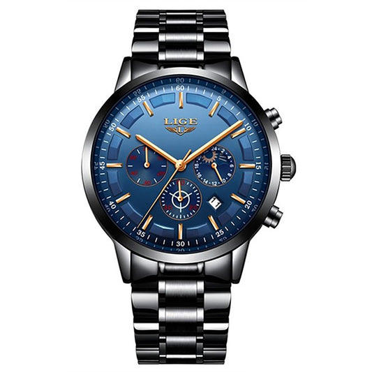 Lige Luxury Stainless Steel Watch for Men - Black with Blue Dial
