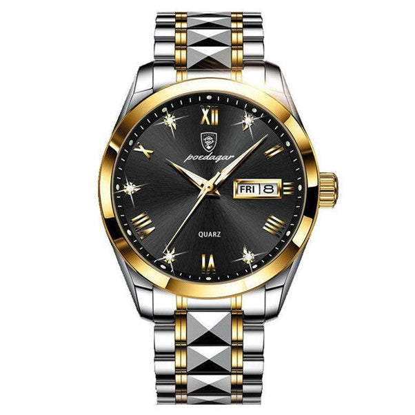 Poedagar - Silver and Gold Stainless Steel Men's Watch with Black Dial