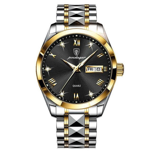 Poedagar - Silver and Gold Stainless Steel Men's Watch with Black Dial