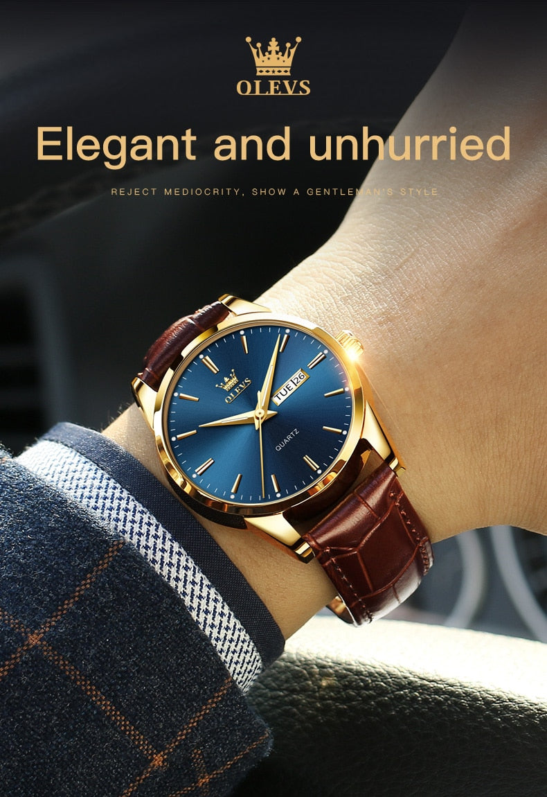 OLEVS - Brown Leather Strap with Blue Dial, Watch for Men