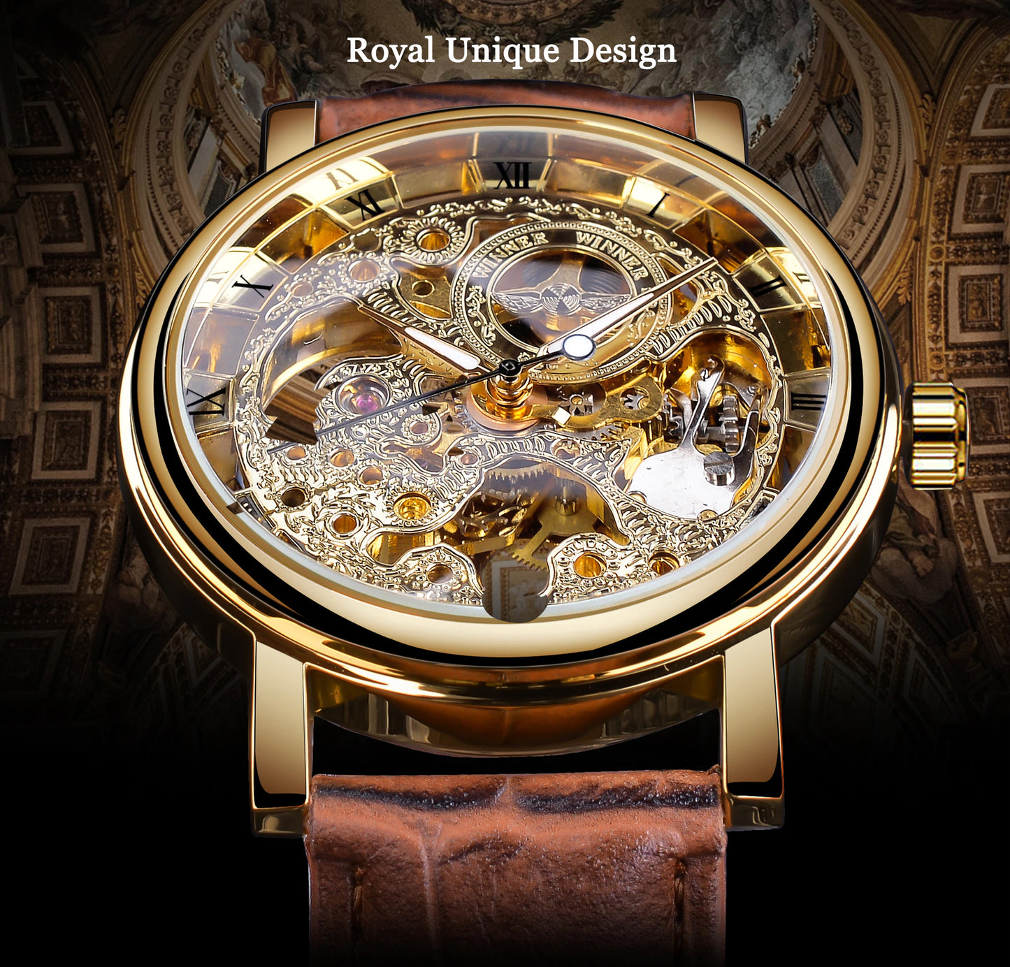 Winner Transparent Golden Skeleton - Hand Wound - Men's Leather Band Watch